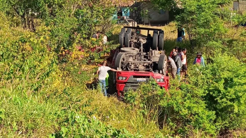 Caminhão tomba após colidir com animal solto na pista em Itaetê, na Chapada Diamantina