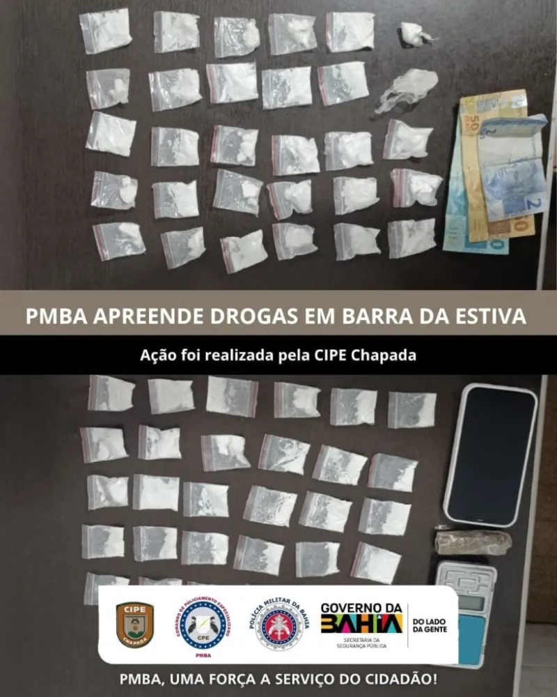 PM apreende 60 trouxas de cocaína, maconha e balança de precisão em Barra da Estiva